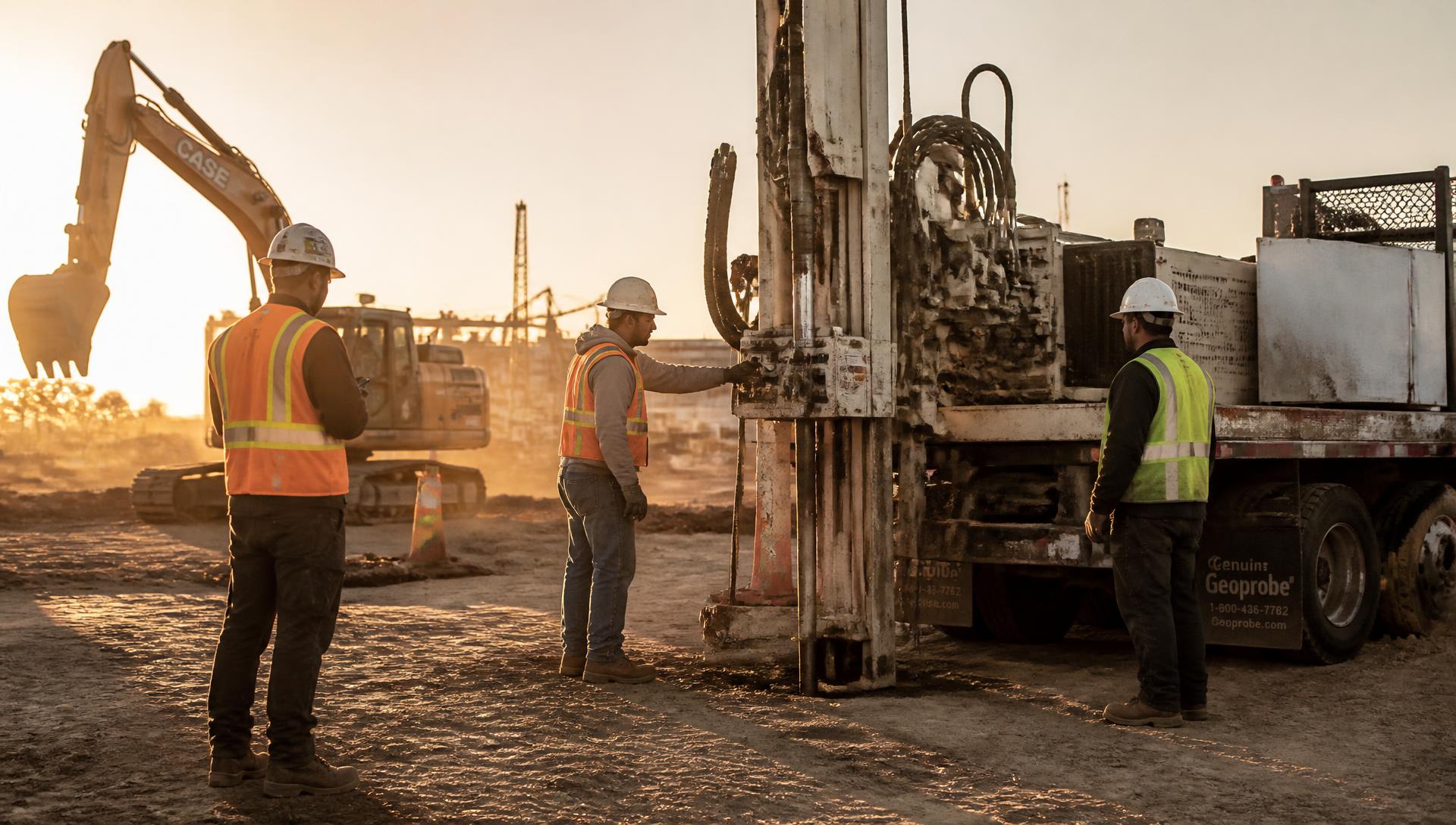 Field crew working alongside a soil boring rig at a construction site